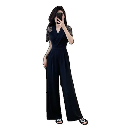V-neck Solid Office Jumpsuit Women Elegant High Waist Wide Leg Pants Overall 2025 Fashion Slim Hollow Solid Color Romper.