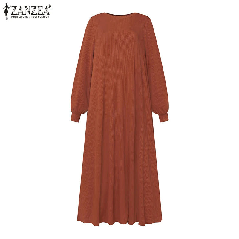ZANZEA Fashion Muslim Abaya Women Autumn Maxi Sundress Casual Long Sleeve Kaftan Hijab Vestido Solid Loose Islamic Clothing 2024.