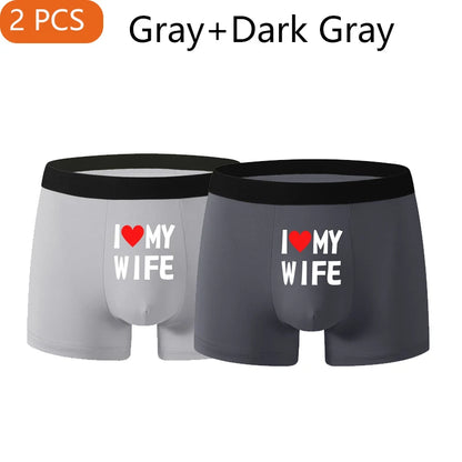 2PCS Herz Muster Männer Unterwäsche Schwarz Einfarbig Männer Boxer Mode Personalisierte Druck ICH Liebe Meine Frau Unterhose mann Geschenk
