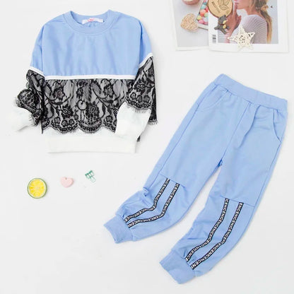 LZH Spring Autumn Girls Sports Suits Children Clothing Toddler Clothes Lace Warm Hooded Costume Outfit Kids Tracksuit Sets 3-8Y.