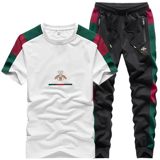 Casual Embroidered Short Sleeve Long Pants Set round Neck Two Piece Set Men's Fashionable Korean Style Spring Autumn Wear.