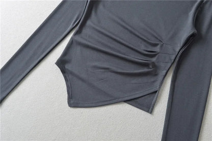 Slim Fit Long Sleeve T-Shirt Women's Shoulder Bared One-Shoulder Design Crease Asymmetrical Pure Desirable Spicy Girl Style.