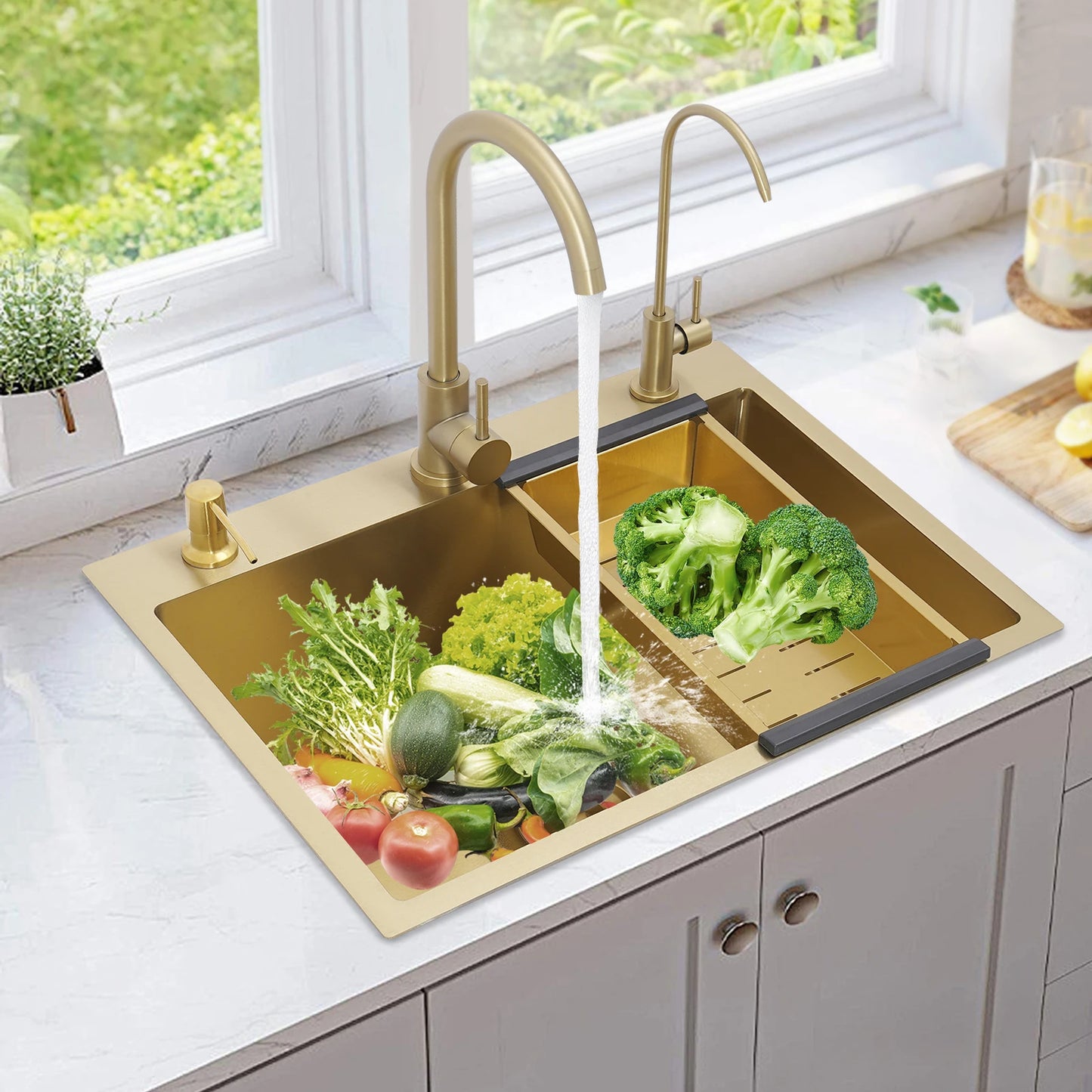Gold Drop-in-Küchenspüle, 23,62 x 17,72 Zoll, Einzelschüssel-Arbeitsplatte oder eingebettetes Küchenspülen-Set aus Edelstahl, 7,87 Zoll Tiefe