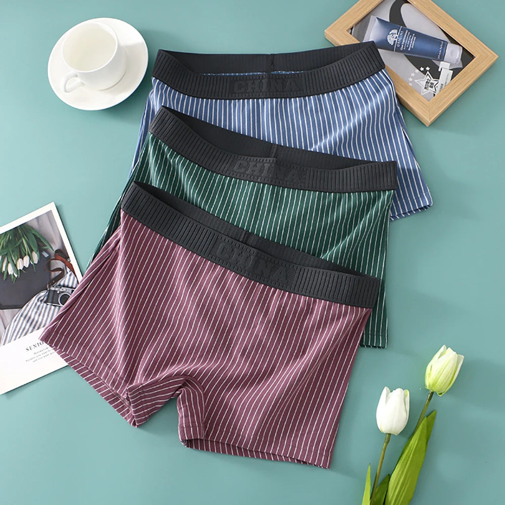 3PCS/Pack 100% Cotton Soft Panties Woman Trendy Striped Female Underwear Summer Breathable High Elastic Mid-rise Waist Boyshort.