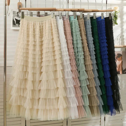 Chamliforve Women Tulle Mesh Skirt Elegant Elastic Waist Fairy Long A-line Tutu Skirt for Spring Summer Long Cake Skirt.