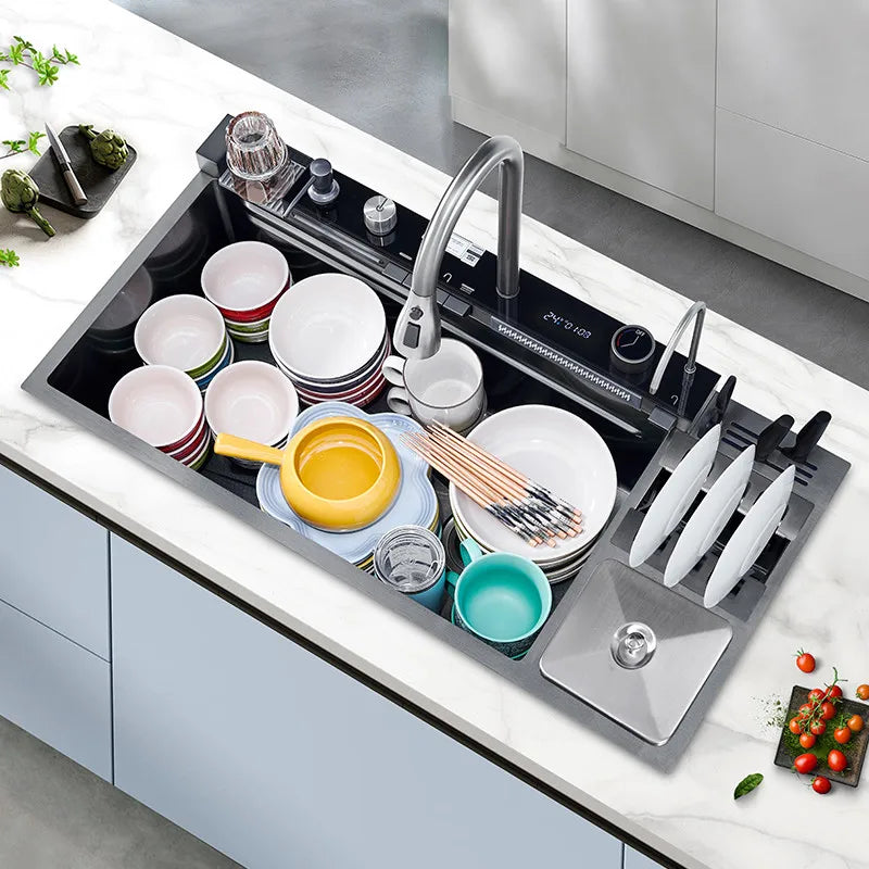 Stainless Steel Kitchen Sink Large Size Single Slot Multifunctional With Trash Can and Drain Rack Household Wash Dish Basin