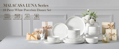 MALACASA 18/36-Piece Ceramic Plate Porcelain Dinnerware Set with 6/12 Pcs Dinner/Dessert Plates,Bowl Tableware Set for 6/12.