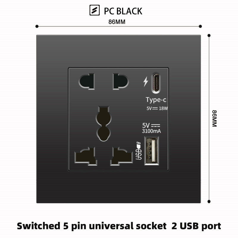 Schwarze UK 13A Wandsteckdose mit USB Typ C 18W Schnelllade-Steckdose, Wandsteckdose mit USB-Ladegerät, Schalter mit Steckdose.