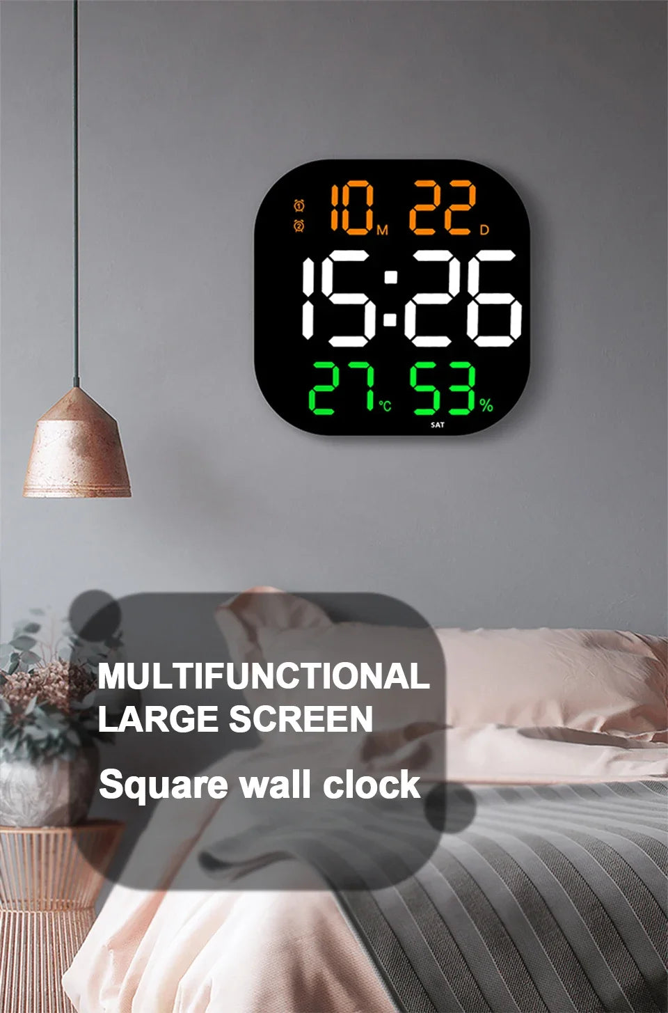 13 Zoll LED große digitale Wanduhr mit Fernbedienung TEMP Luftfeuchtigkeit Woche Auto Dimmer 12/24H Wecker für Home Office Dekor