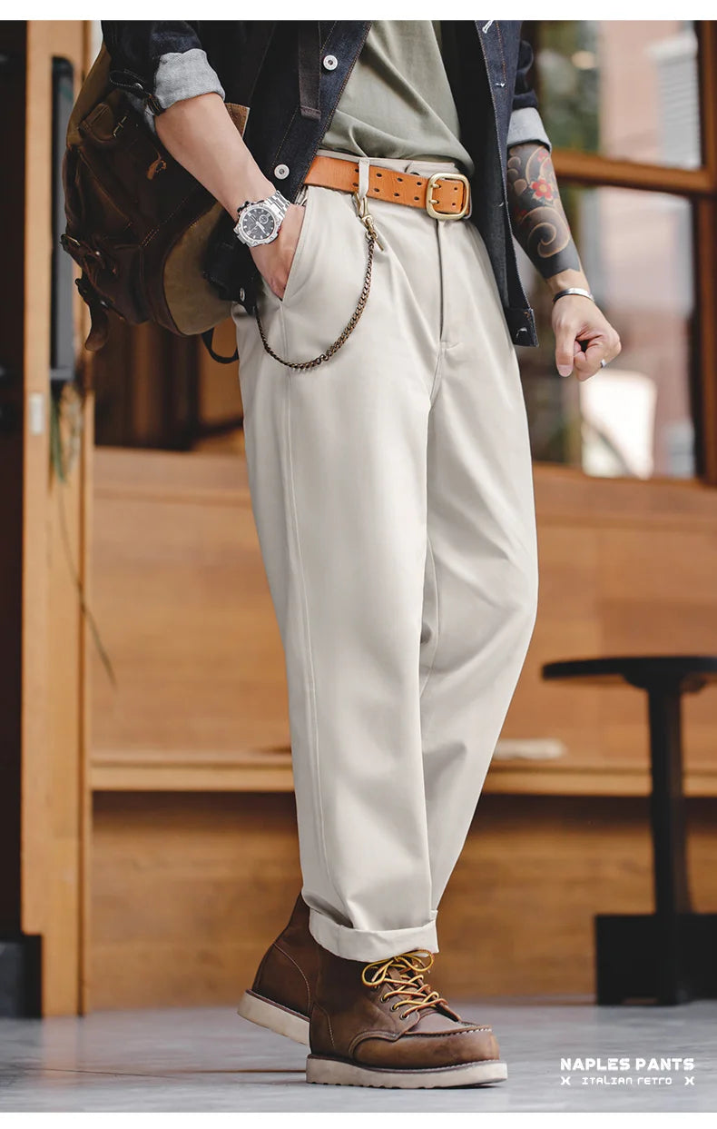 Maden Vintage Gentleman Naples Pants Korea Fashion Casual  Paris Button Straight Wide Trousers 100% Cotton Solid Work Suit Pants.