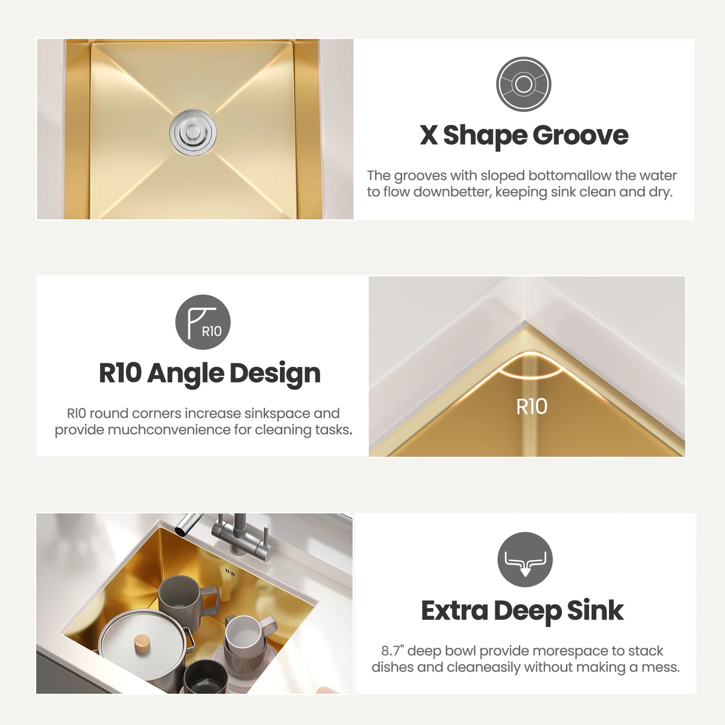 Unterbau-Küchenspüle aus Edelstahl mit abgerundeter Einzelschüssel, goldenes großes Spülbecken mit Abflussmontage