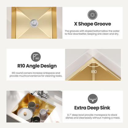Unterbau-Küchenspüle aus Edelstahl mit abgerundeter Einzelschüssel, goldenes großes Spülbecken mit Abflussmontage