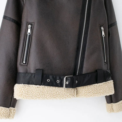 TRZA-Damen-Jacke aus dickem, warmem Wildleder mit Gürtel, langärmlige Mäntel, Kunstscheren, weibliche Oberbekleidung, schicke Oberteile, Wintermode