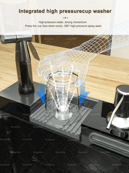 Extra Large Single Bowl Stainless Steel Waterfall Kitchen Sink Digital Display Multifunctional Household Vegetable Washing Sink