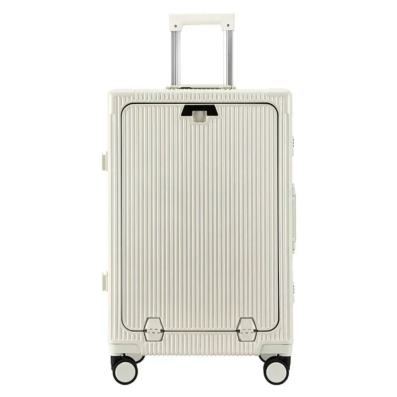 Vorne öffnender Rollgepäckkoffer mit großer Kapazität, Aluminiumrahmen, ABS + PC-Trolley, Koffer, USB-Lade-Boarding-Koffer.