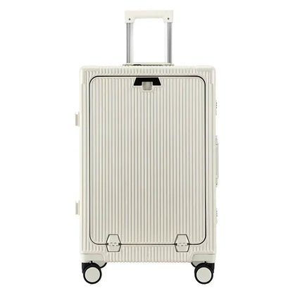 Vorne öffnender Rollgepäckkoffer mit großer Kapazität, Aluminiumrahmen, ABS + PC-Trolley, Koffer, USB-Lade-Boarding-Koffer.