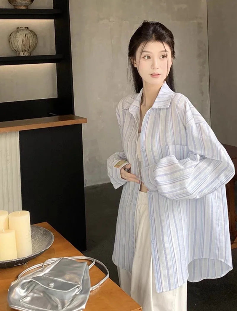 Pink Striped Shirt Women Korean Style Loose Long Sleeved Button Up Blouse Ladies Autumn New Wild Streetwear Casual Shirts 2025.