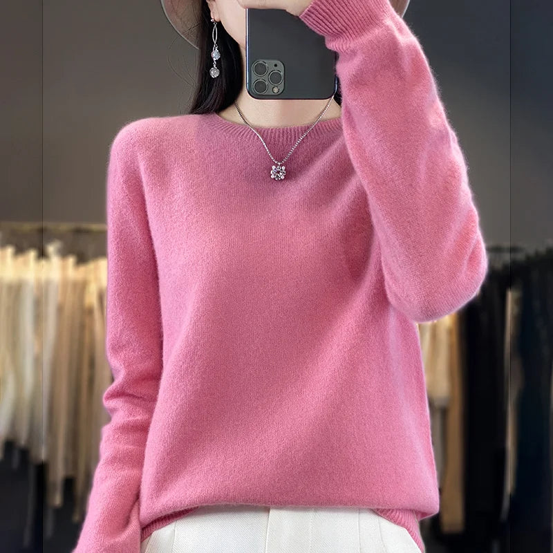 100% Merino Wool Sweater Women O-neck Cashmere Knitwear Female Pullover Autumn Winter Casual Tops Solid Color Soft  Clothing