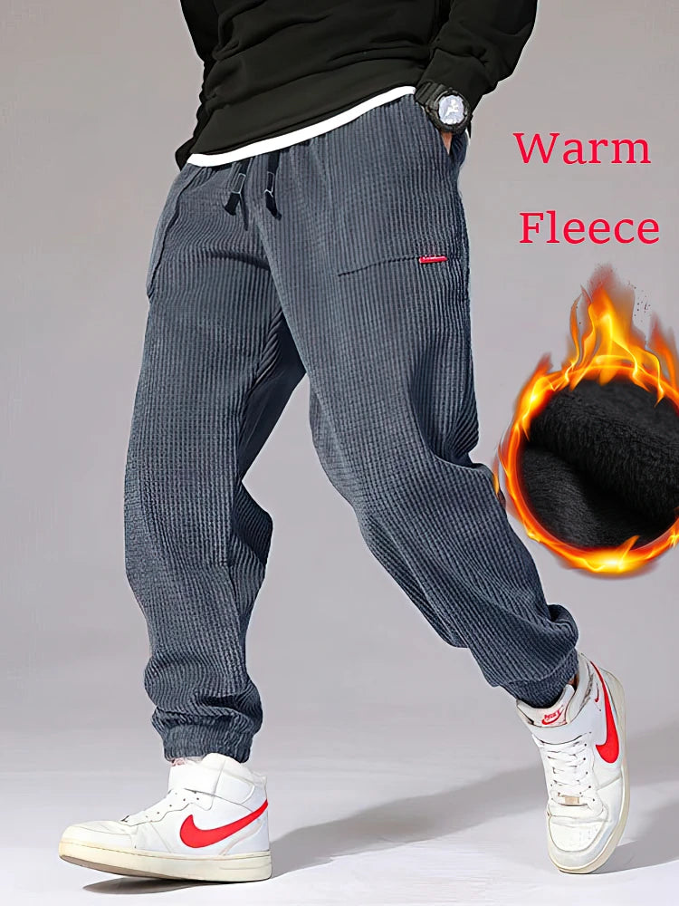 Autumn Winter Warm Motorcycle Jogger Corduroy Pants Men Tech Fleece Sweatpants Casual Harem Pants Male Sport Thermal Trousers.