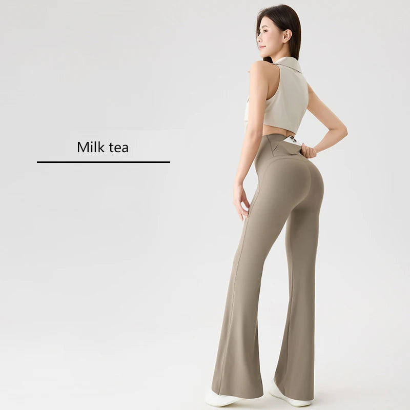 BIVIGAOS Naked Feeling Back Waist Pocket Sharkskin Micro Flared Leggings Women's Tight Sexy Sports Fitness Yoga Casual Pants