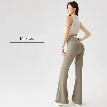 BIVIGAOS Naked Feeling Back Waist Pocket Sharkskin Micro Flared Leggings Women's Tight Sexy Sports Fitness Yoga Casual Pants