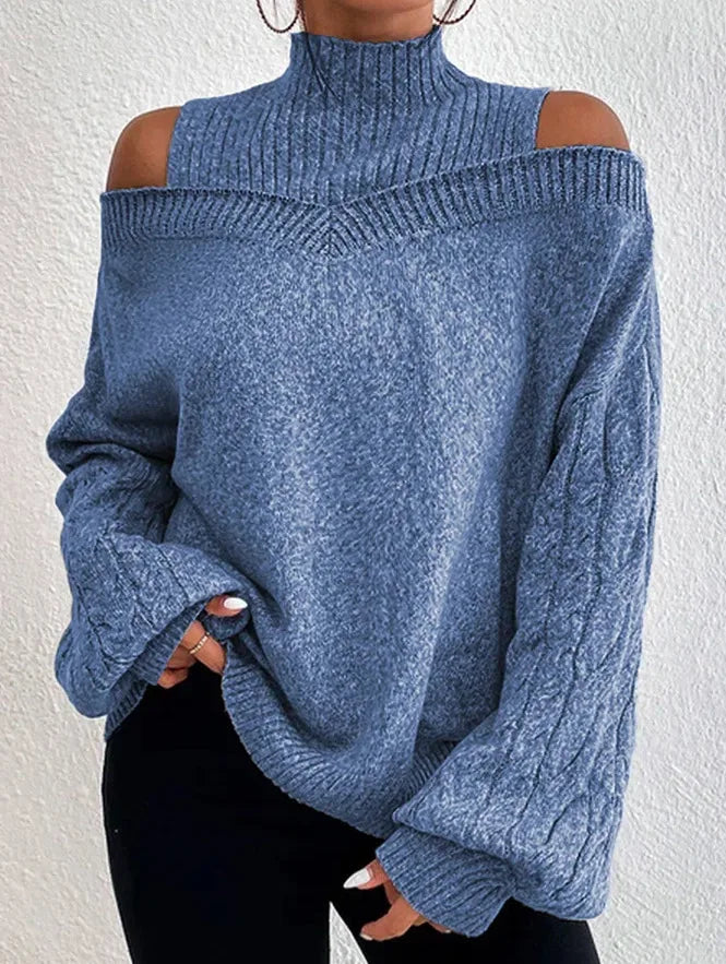 2025 Autumn Winter New Solid Knitting Off Shoulder Sweaters Elegant Office Lady Half High Collar Splice Loose Pullovers Sweater.