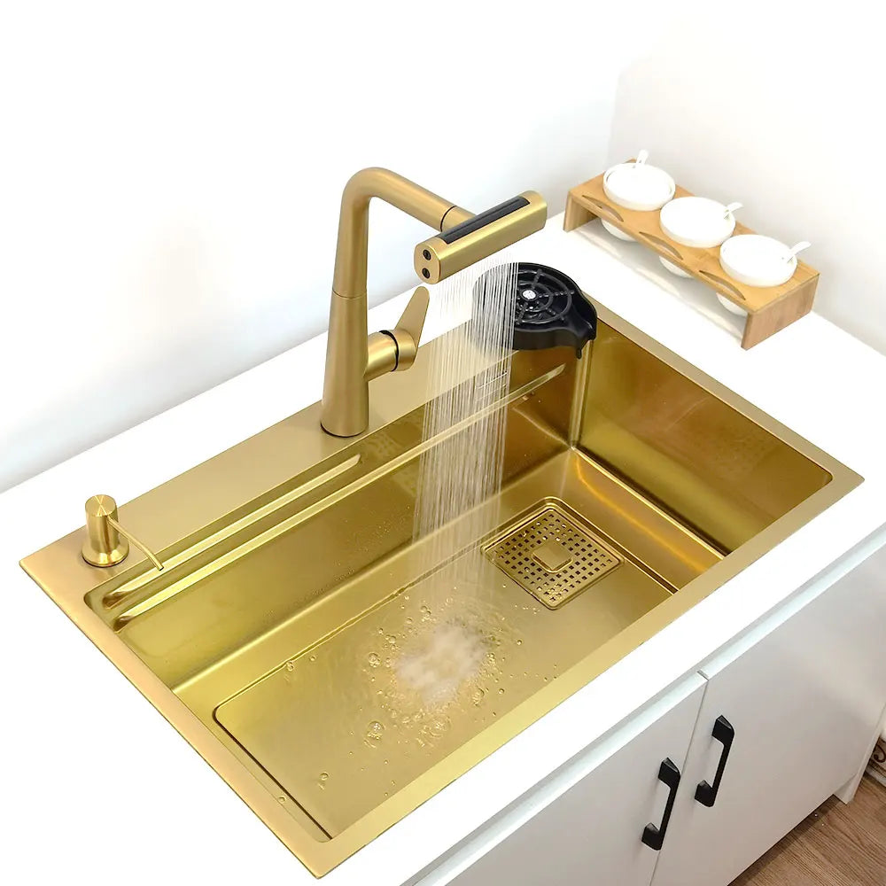 Gold Wasserfall Wasserhahn Küchenspüle Nano Waschbecken 304 Edelstahl Golden Topmount Single Bowl Waschbecken 4-Funktions-Küchenarmatur