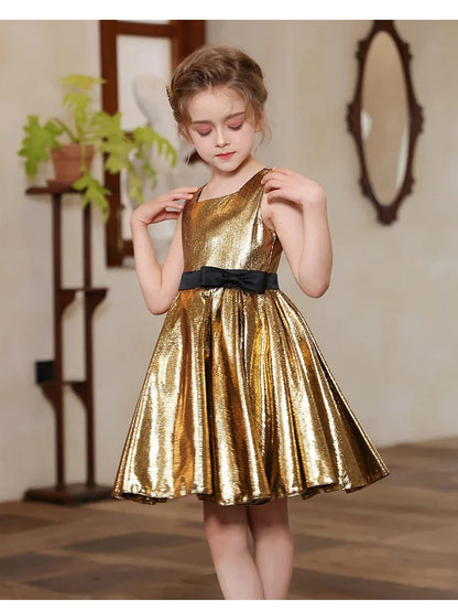 Teenager Mädchen Gold Glänzendes Bühnenkleid Kinder Hochzeit Klavier Performance Luxus Dressing Kostüm Größe 110-170.