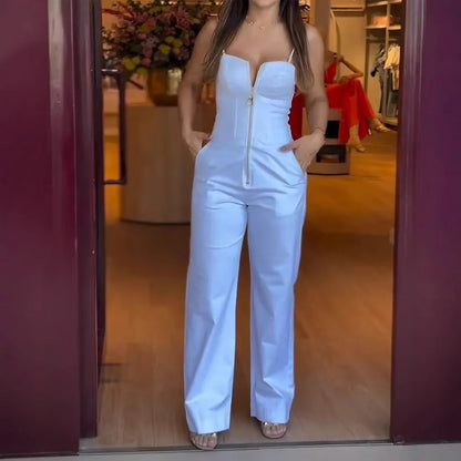 Women's Fashionable High-waist Jumpsuit Office Sexy Zipper Jumpsuit Summer Casual Commuting Solid Color Long Suspender Jumpsuit.