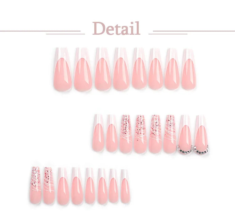 Rhinestone Glitter Powder White French Long Ballet Fake Nails Fashion Detachable Finished False Nails Press on Nails with Glue.