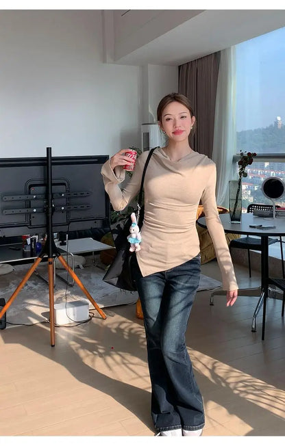 Irregular Waist Pleated Long Sleeve Base Shirt Spring T-Shirt Women's Spicy Girl One Shoulder Top Fashionable Casual Wear.