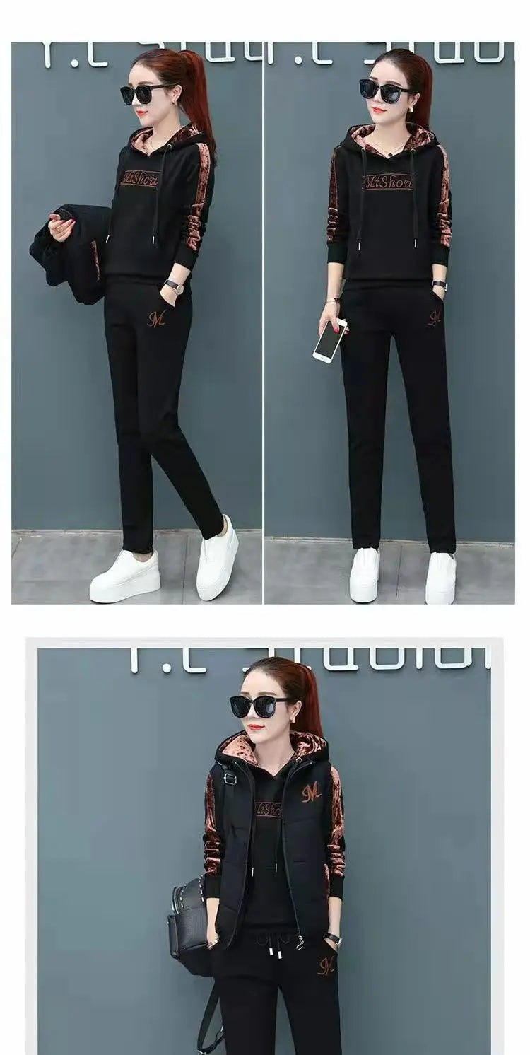 Winter 3 Pcs/Set Women Waistcoat Top Pants Set Letter Embroidery Ladies Winter Tracksuit Color Block Three-piece Sweatpants Set.