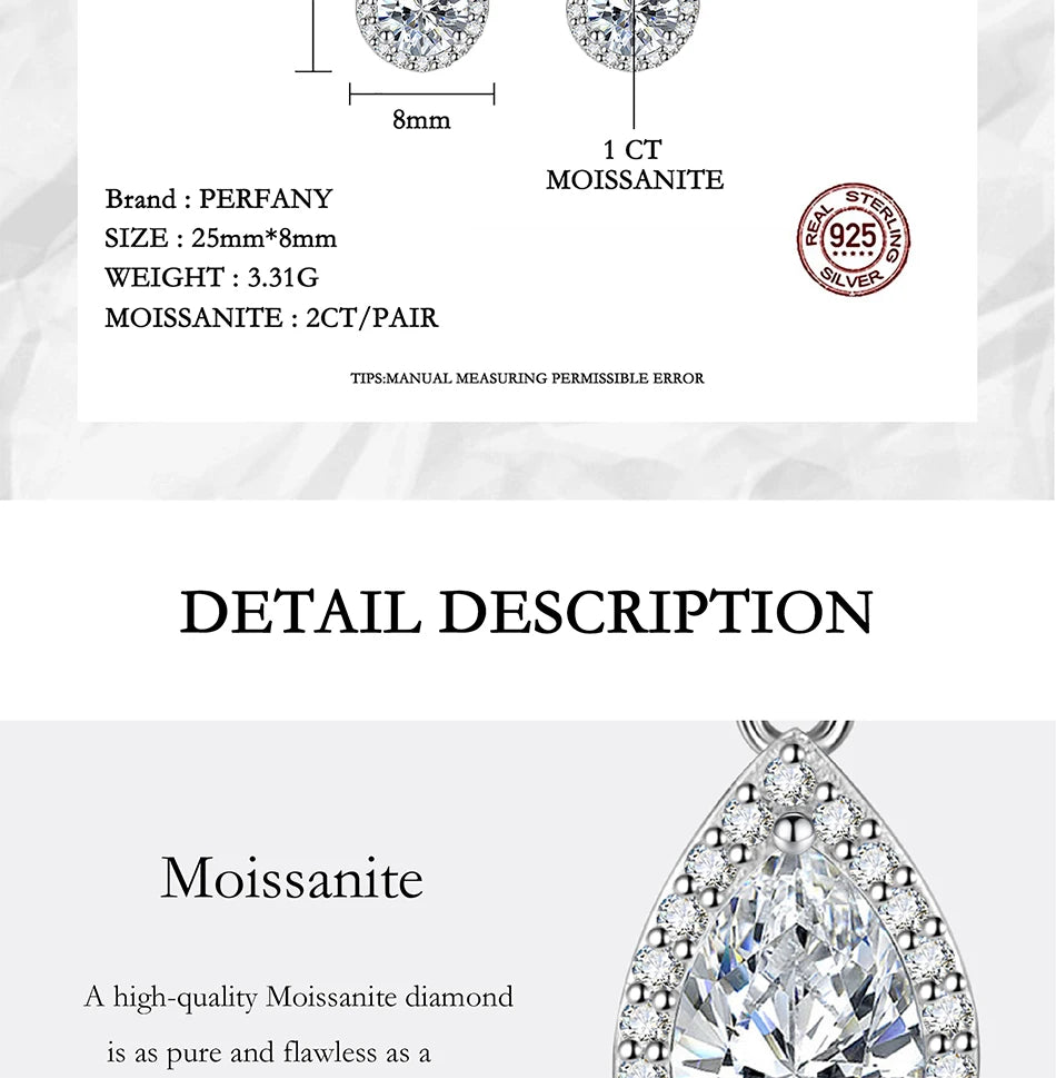 PERFANY 1CT Pear Cut Moissanite Earrings for Women S925 Pure Silver Laboratory Cultivated Diamonds Elegant Wedding Jewelry.