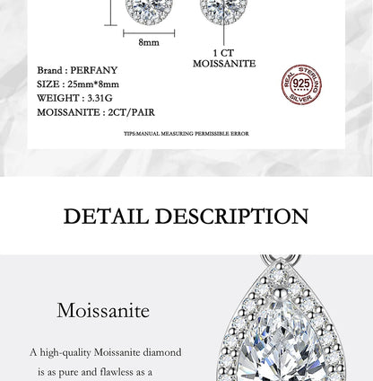PERFANY 1CT Pear Cut Moissanite Earrings for Women S925 Pure Silver Laboratory Cultivated Diamonds Elegant Wedding Jewelry.