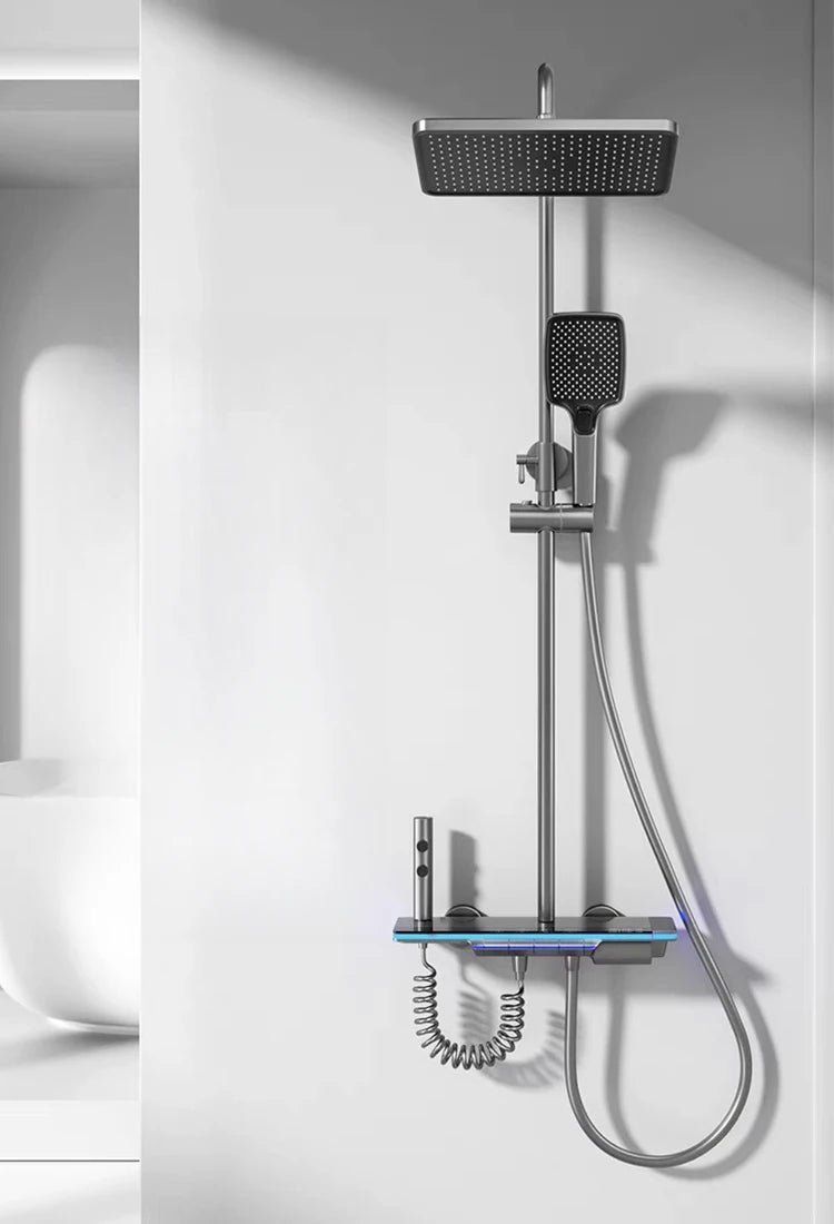 Bathroom Luxury Shower Faucet System with Lights Tempered Glass Shower Set Digital Display Copper Mixer Shower Faucet Set