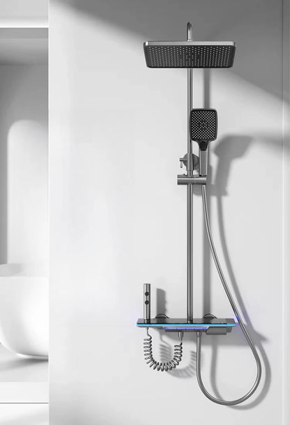 Bathroom Luxury Shower Faucet System with Lights Tempered Glass Shower Set Digital Display Copper Mixer Shower Faucet Set