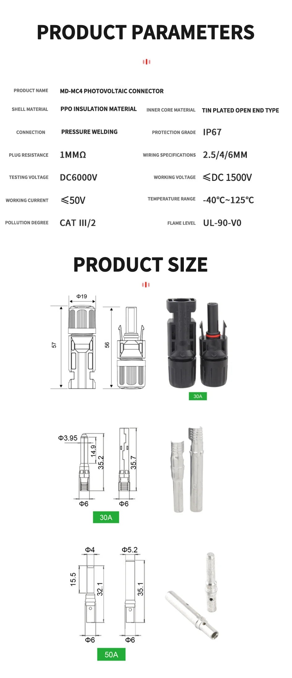 10/20/50/100/300/400PCS Photovoltaic Solar Connector Kit Plug 1000V 30A connectors for solar panels PV/MC Cable 2.5/4/6mm².