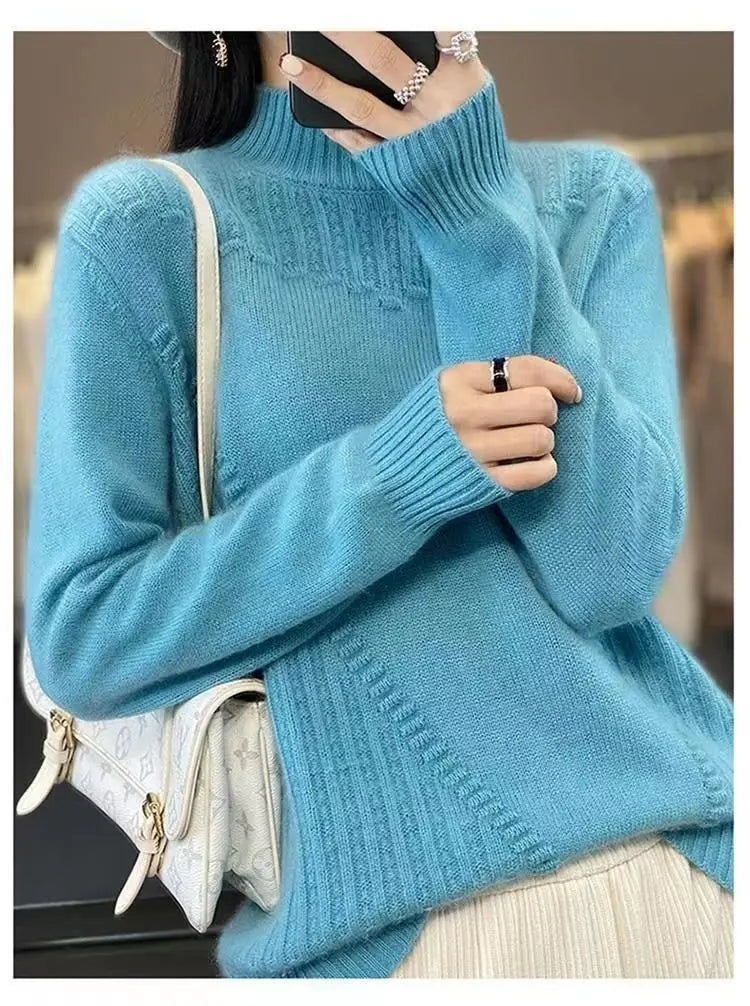 2024 herbst Neue Lose frauen Halb-rollkragen Verdickt Einfarbig Einfache Häkeln Beiläufige Gestrickte Pullover Pullover Top