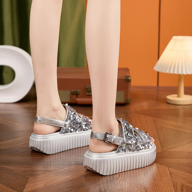 AUTUSPIN 6cm Women Flat Sandals Fashion Platform Ladies Shoes Bling Bling Sequined Cloth Female High Heels Chunky Rome Sandalias.