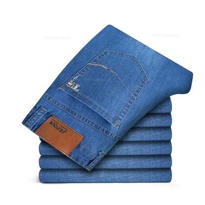 Sommer Dünne männer Gerade Jeans Klassische Schwarz Blau Stretch Casual Business Baggy Denim Hosen Männliche Marke Hosen