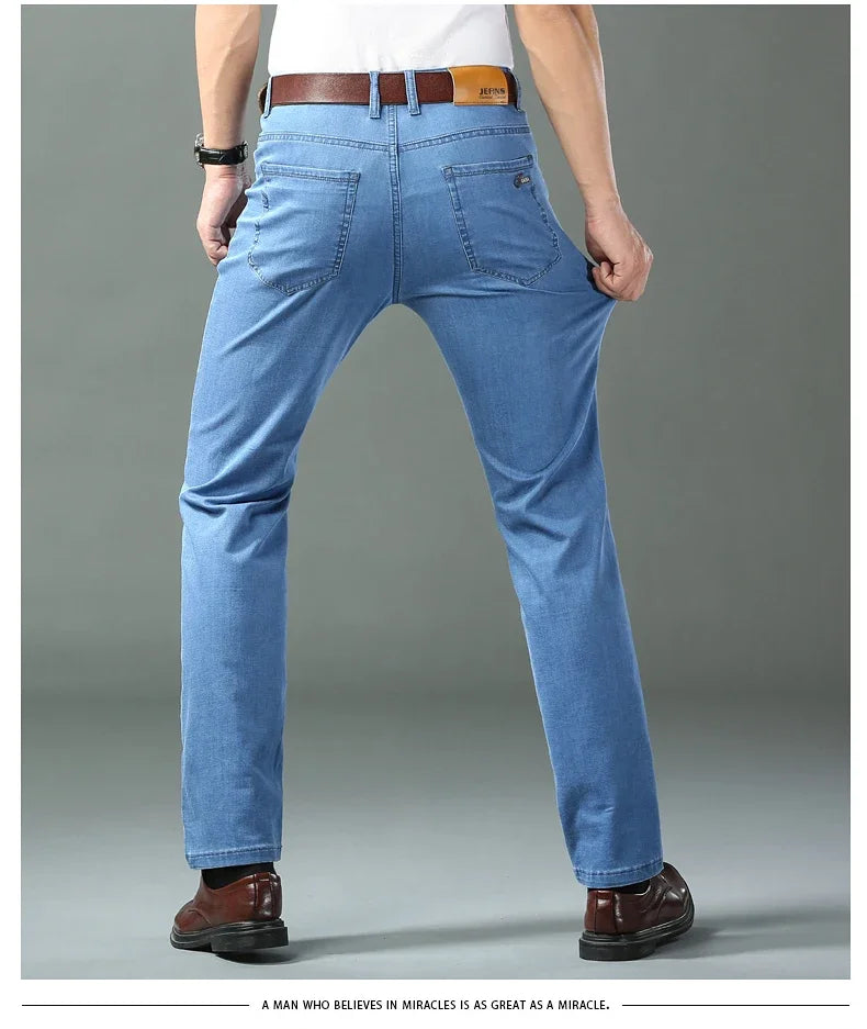 New Ice Silk Thin Denim Jeans For Men Blue Straight Stretch Cotton Pants Business Casual Lightweight Trousers Spring Summer.