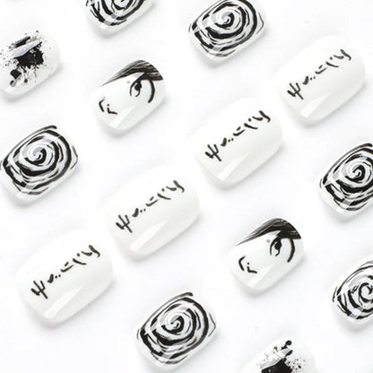 Y2K Black White Hand Drawn Comic Design Wearable Mini Short Fake Nails Full Cover Finished False Nails Press on Nails with Glue.