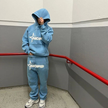 Y2K Herrenbekleidung Buchstaben Grafik bedruckt 2-teiliges Set Trainingsanzug Herren Kapuzenpullover + Freizeithose Sportbekleidung Anzug 2024 Neu
