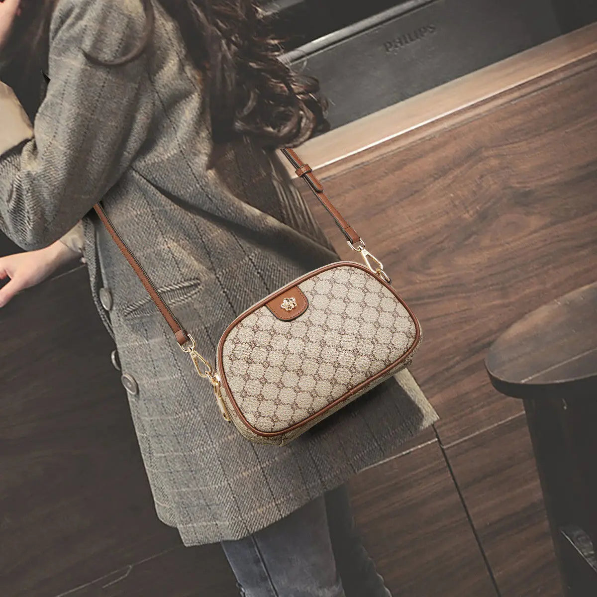 FOXER Women Small Shoulder Bag Fashion Monogram PVC Lady Crossbody Handbag with Adjustable Strap.