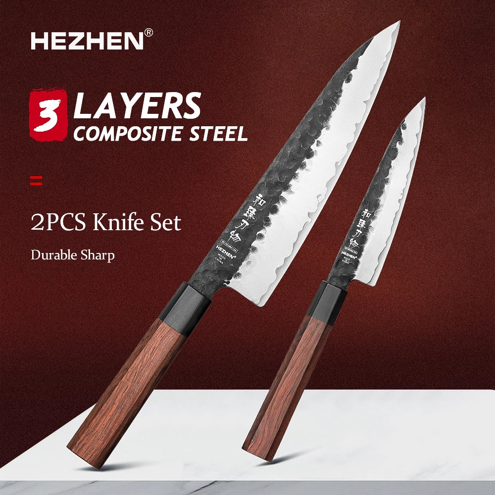 HEZHEN 1PC-5PC Kitchen Knife Set Chef Utility Stainless Steel 3 Layers Composite Steel Santoku Nakiri Kitchen Accessories