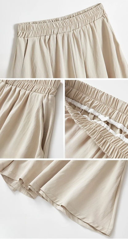 Women Quick Dry Sporty Short Pants Summer Thin Pleated Shorts Skirts High Waist A- Line Five Quarter Pants Cool Wide Leg Pants.