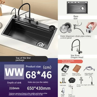 Stainless Steel Kitchen Sink With Waterfall Nano Embossed Large Single Slot Vegetable and Dishwashing Sinks Udermount Basin