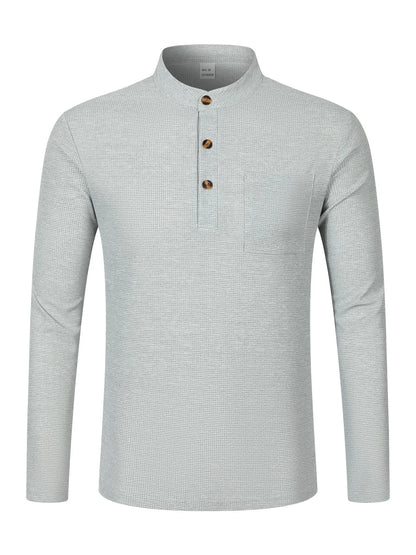 Men's Waffle Check Stand-Up Collar Semi-Casual Business Suit Two-Piece Set Button-Down Top with Comfortable Trousers.