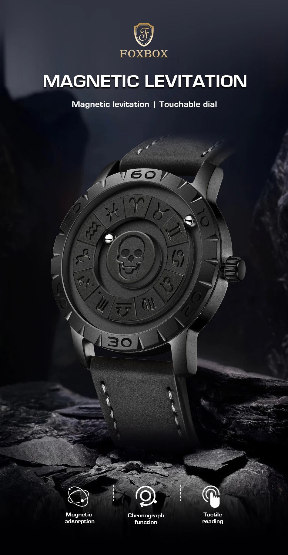LIGE FOXBOX Unique Design Quartz Man Watch Simple Fashion Leather Belt Casual Sports Magnetic Srolling Beads Skull Men's Watches.