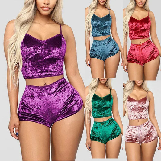 Damen-Unterwäsche-Set aus Samt und Polyester, bequem, V-Ausschnitt, Camisole + Shorts, Pyjama-Set, Heimkleidung, ärmelloses Oberteil, Shorts